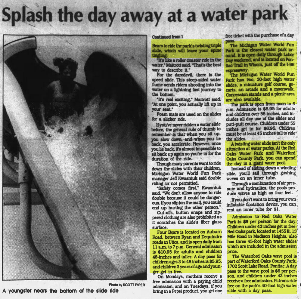 Four Bears Water Park - 1990 Article From Livingtson County Press